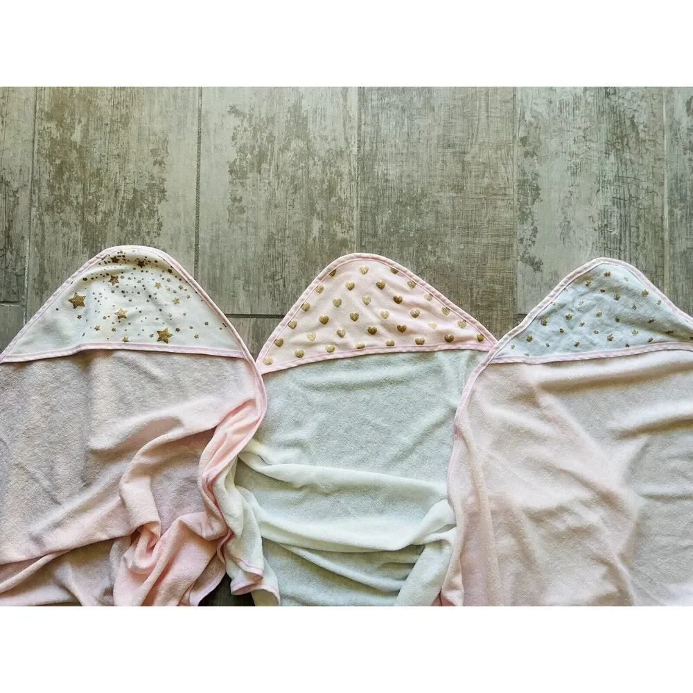 BABY KISS 3 Pack Hooded Lightweight Bath Towel Set Baby Girl White Pink Gold